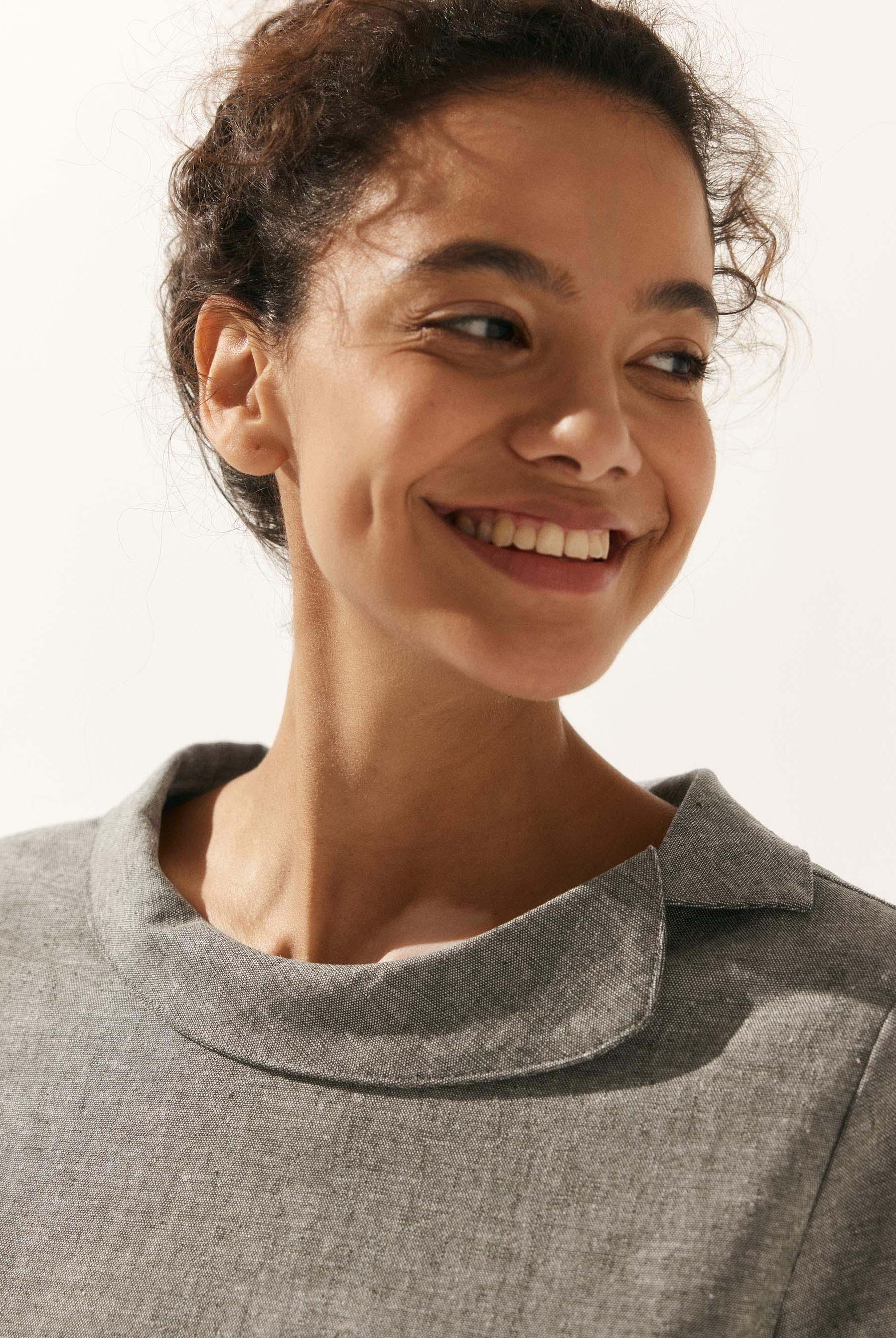 Linen Gingham Checked Round Soft-Fold Collar Top - TOPS-Linen Blouses