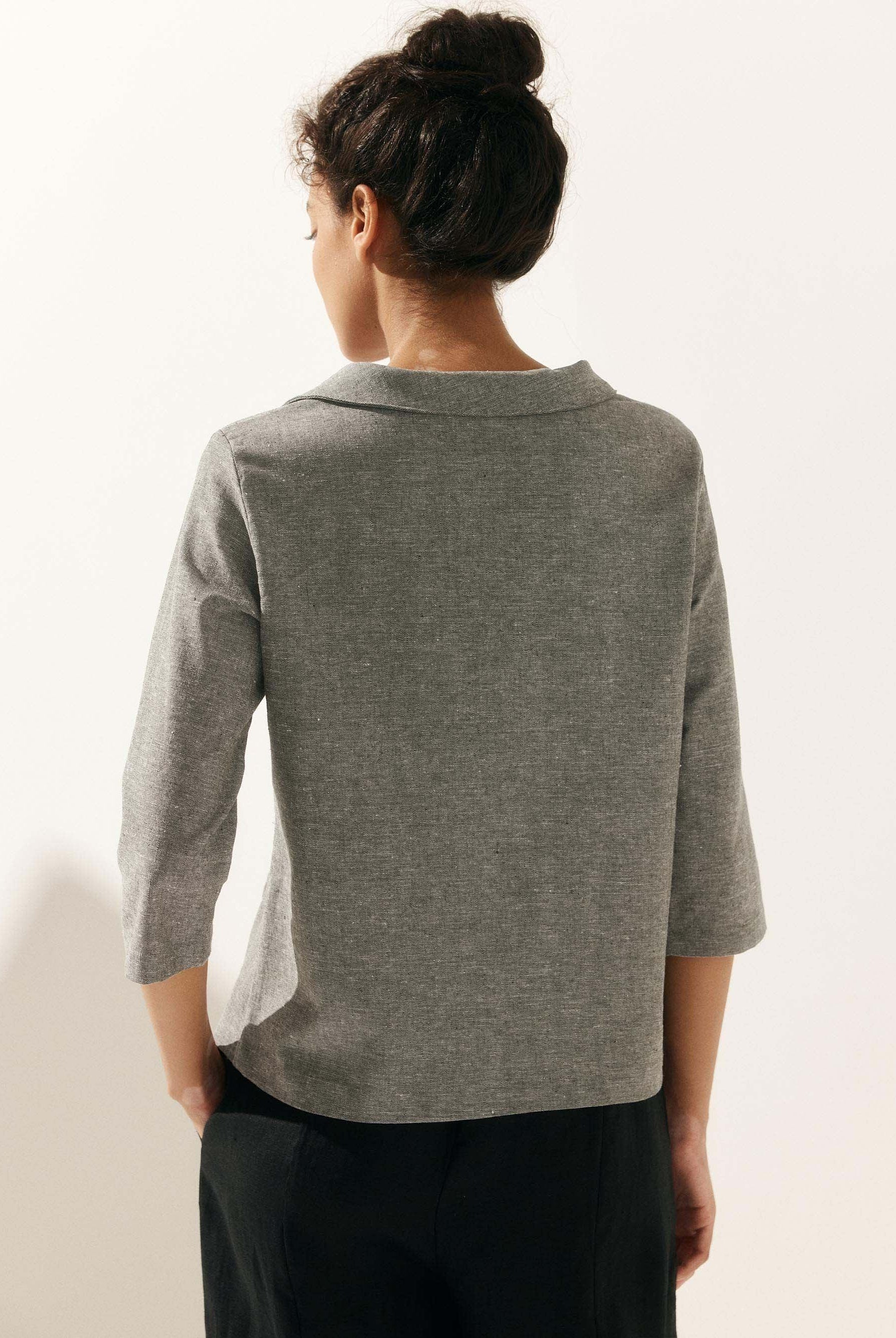 Linen Gingham Checked Round Soft-Fold Collar Top - TOPS-Linen Blouses