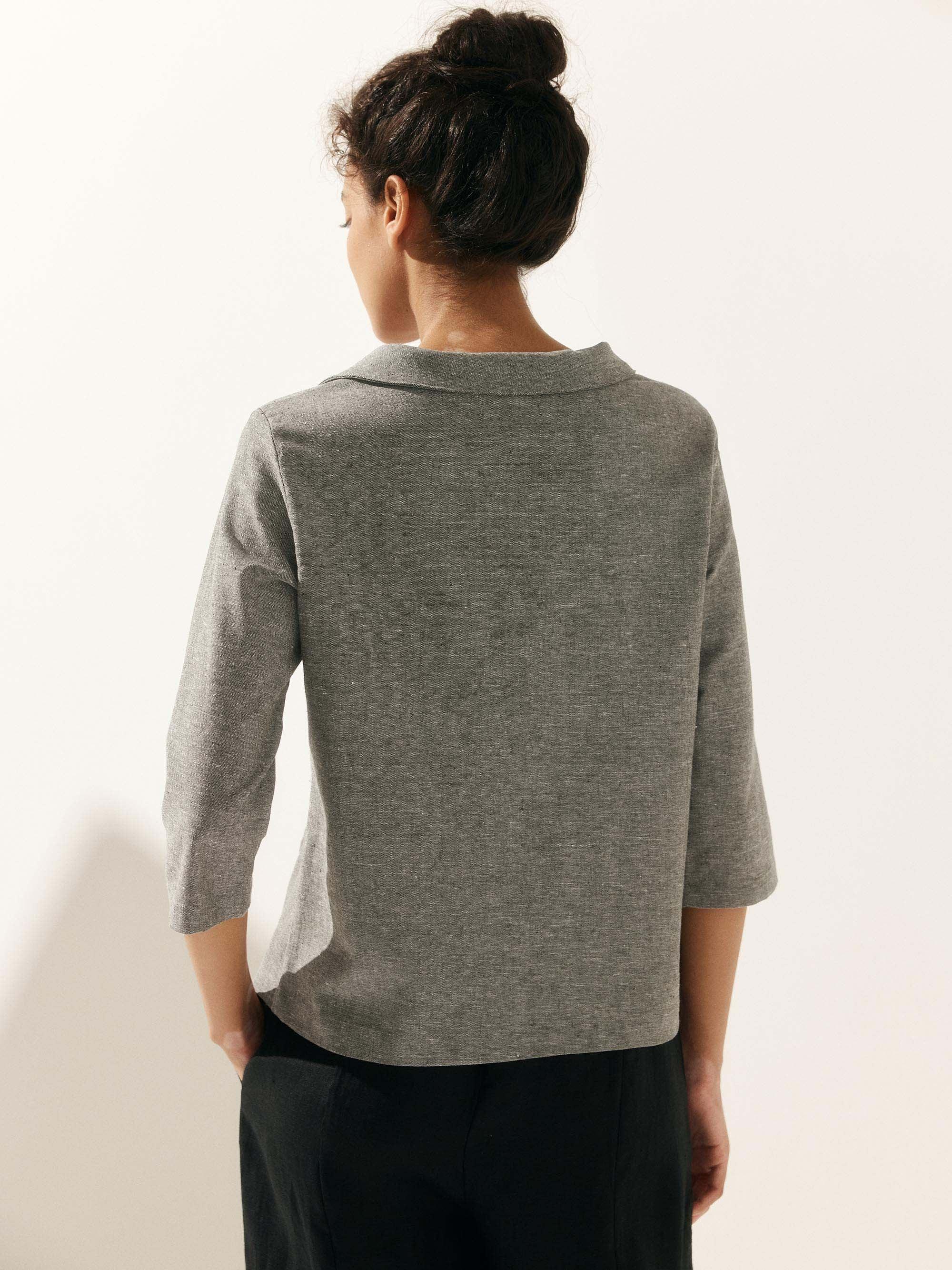 Linen Round Soft-Fold Collar Top ANAIS - TOPS-Linen Blouses