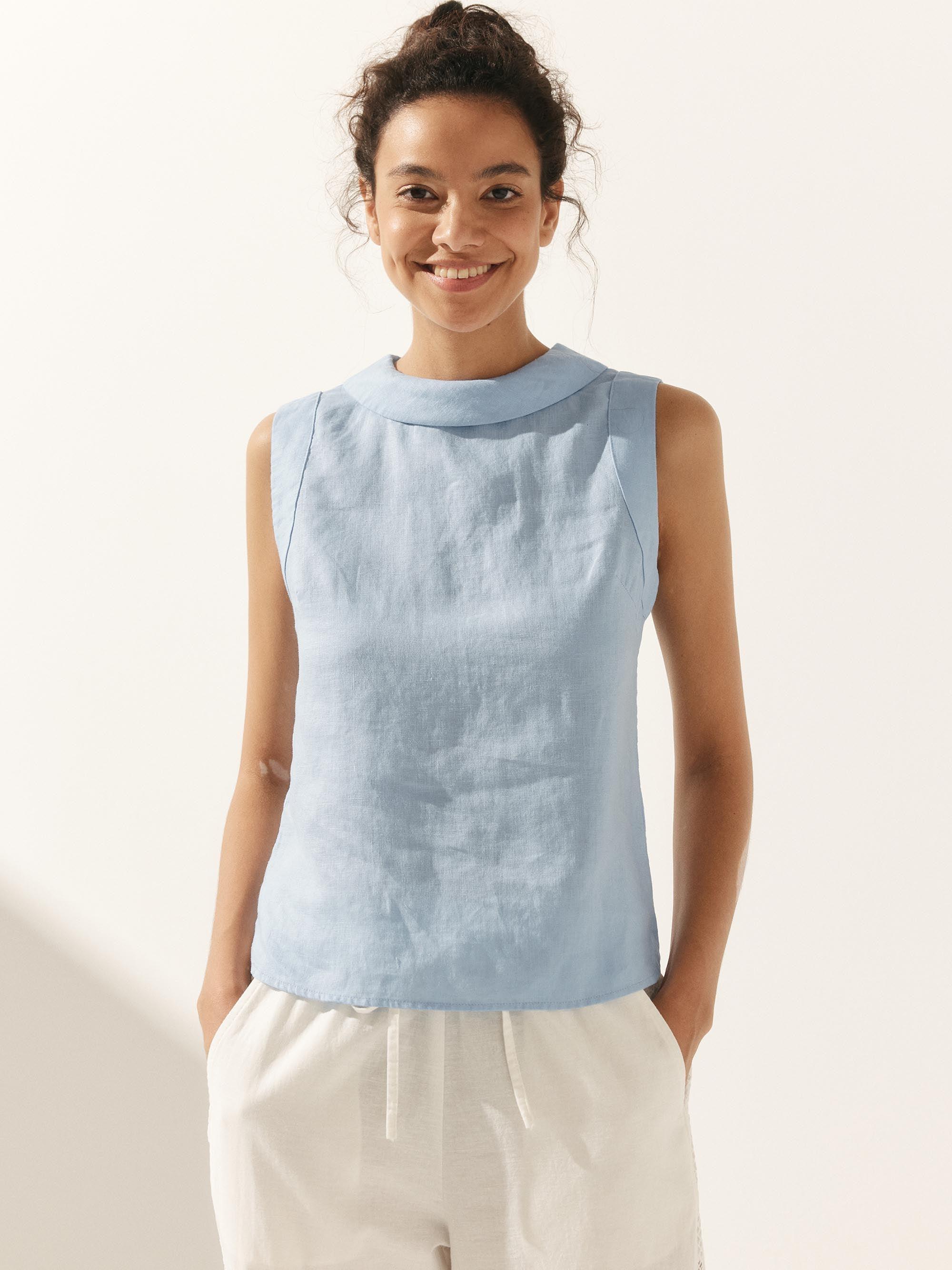 100% Linen Draped Collar Tank Top JACQUELINE - Ice Blue / S - TOPS-Linen Tanks