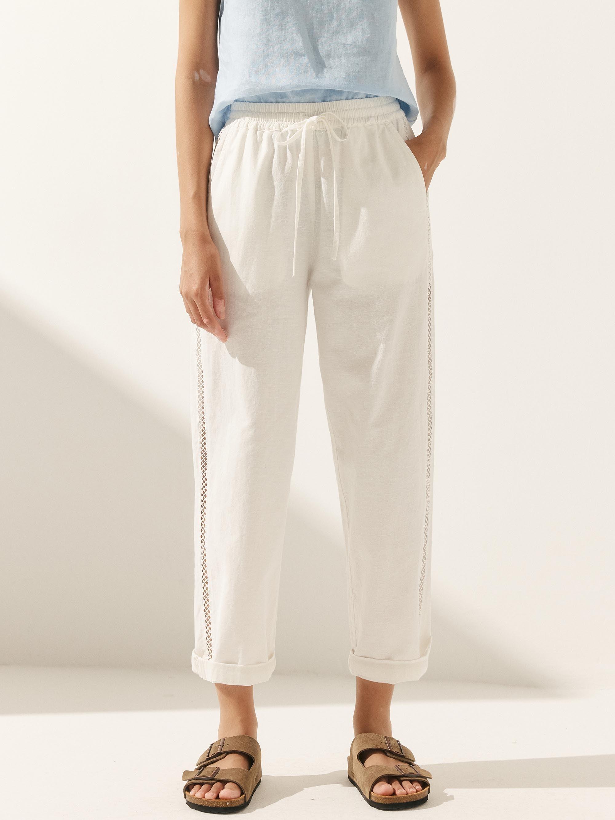 Linen Cropped Hollow Lace Stitching Ankle Length Pants - BOTTOMS-Linen