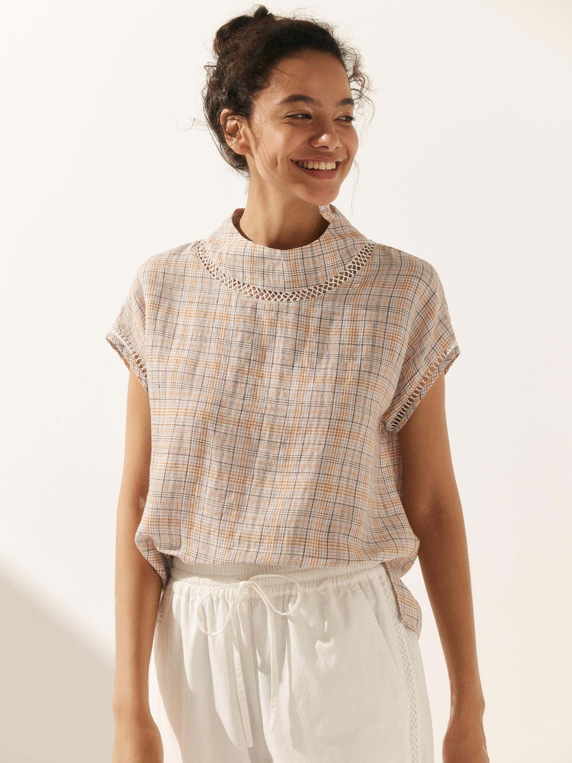 Linen Cutout Turtleneck Top - TOPS-Linen Blouses
