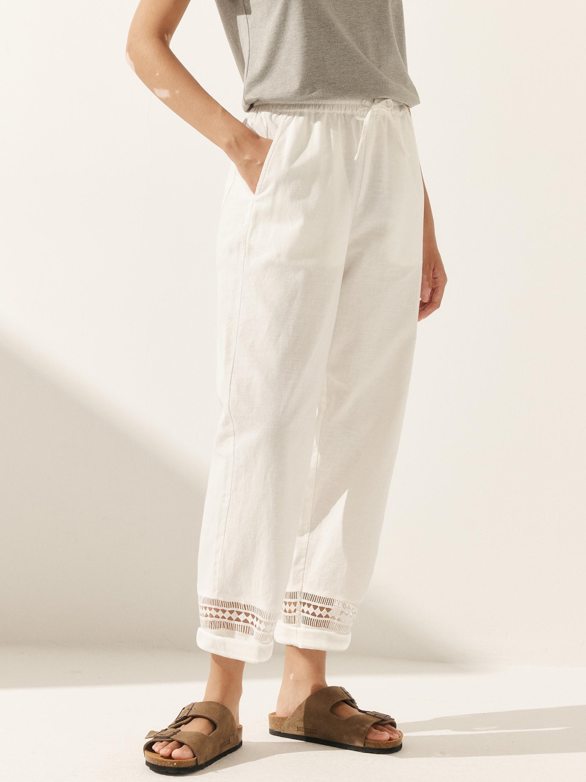 Linen Hollow Lace Stitching Elastic Waist Ankle Length Pants - BOTTOMS-Linen