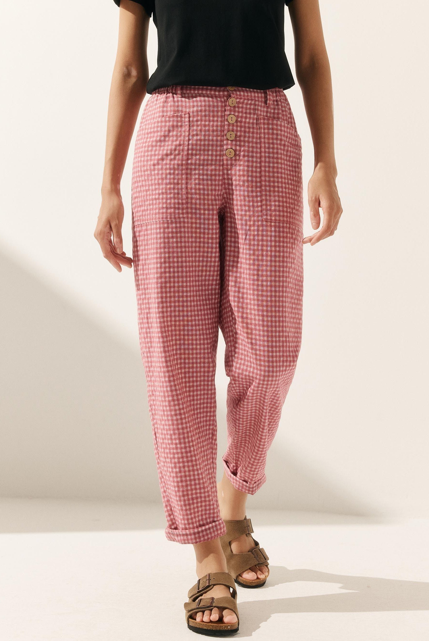 Linen Simple Button Fly Trousers HEIDI - Blush Check / XS - BOTTOMS-Linen Pants