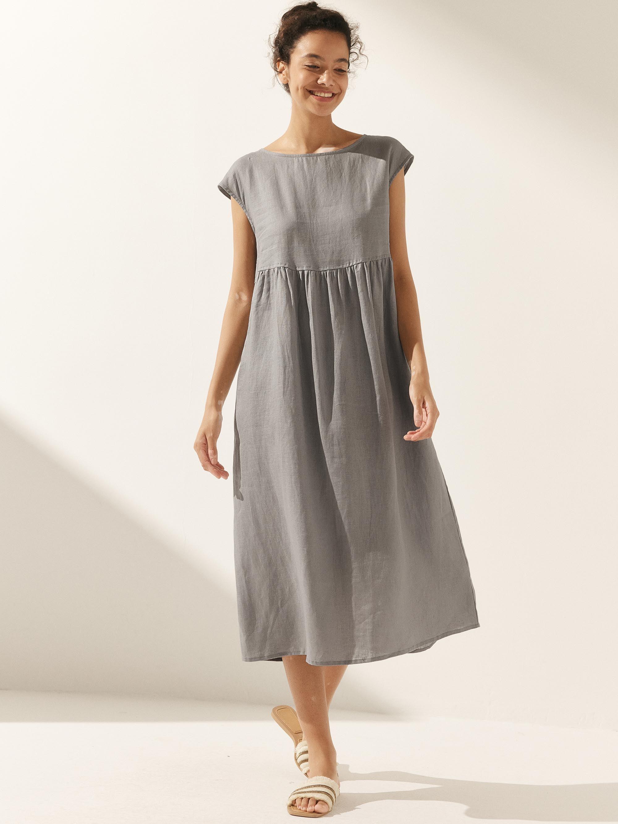 100% Linen Cap Sleeve Washed Maxi Dress JOAN - DRESSES-Linen