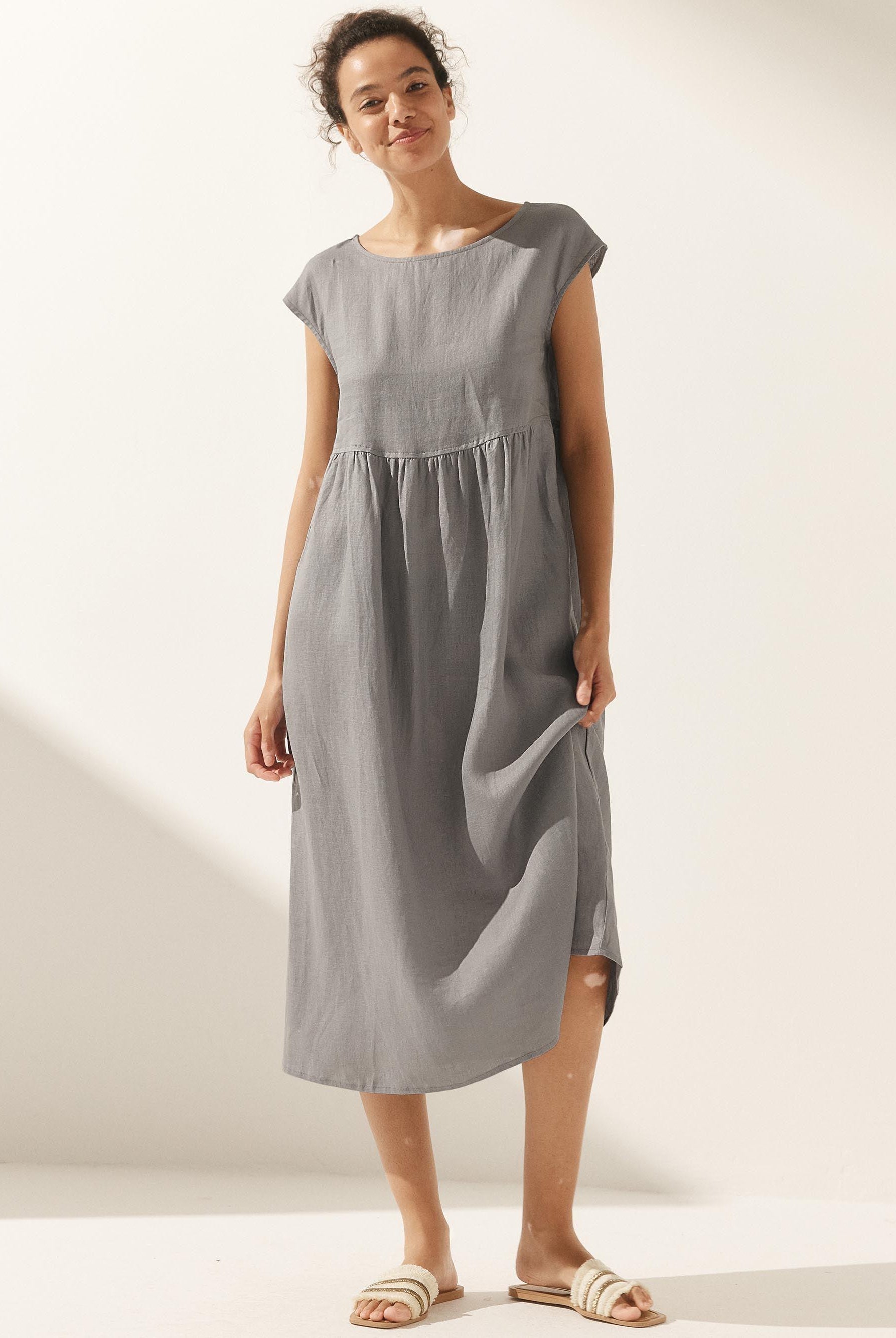 100% Linen Cap Sleeve Washed Maxi Dress JOAN - DRESSES-Linen