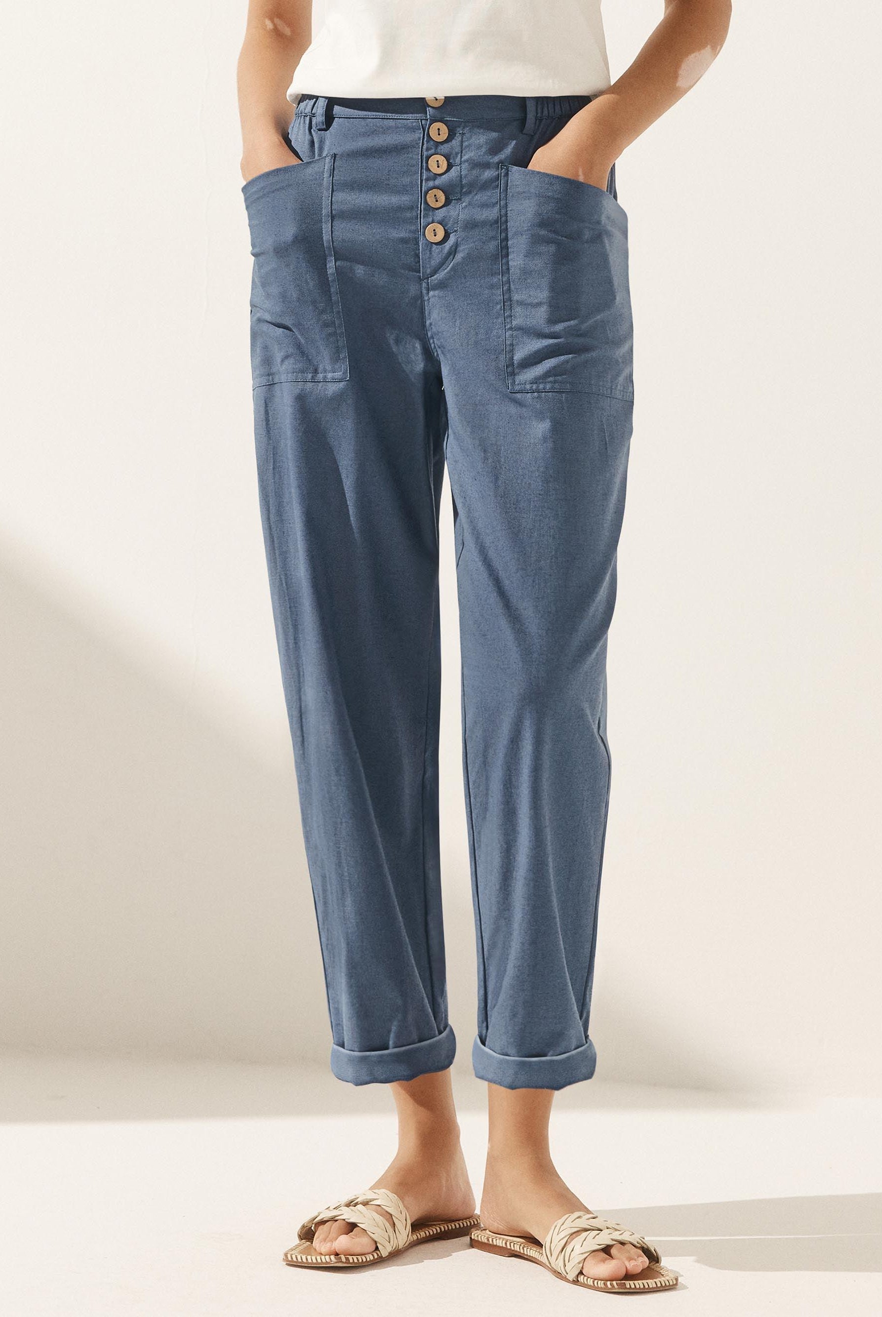 Linen Simple Button Fly Trousers HEIDI - Dusty Blue / XS - BOTTOMS-Linen Pants