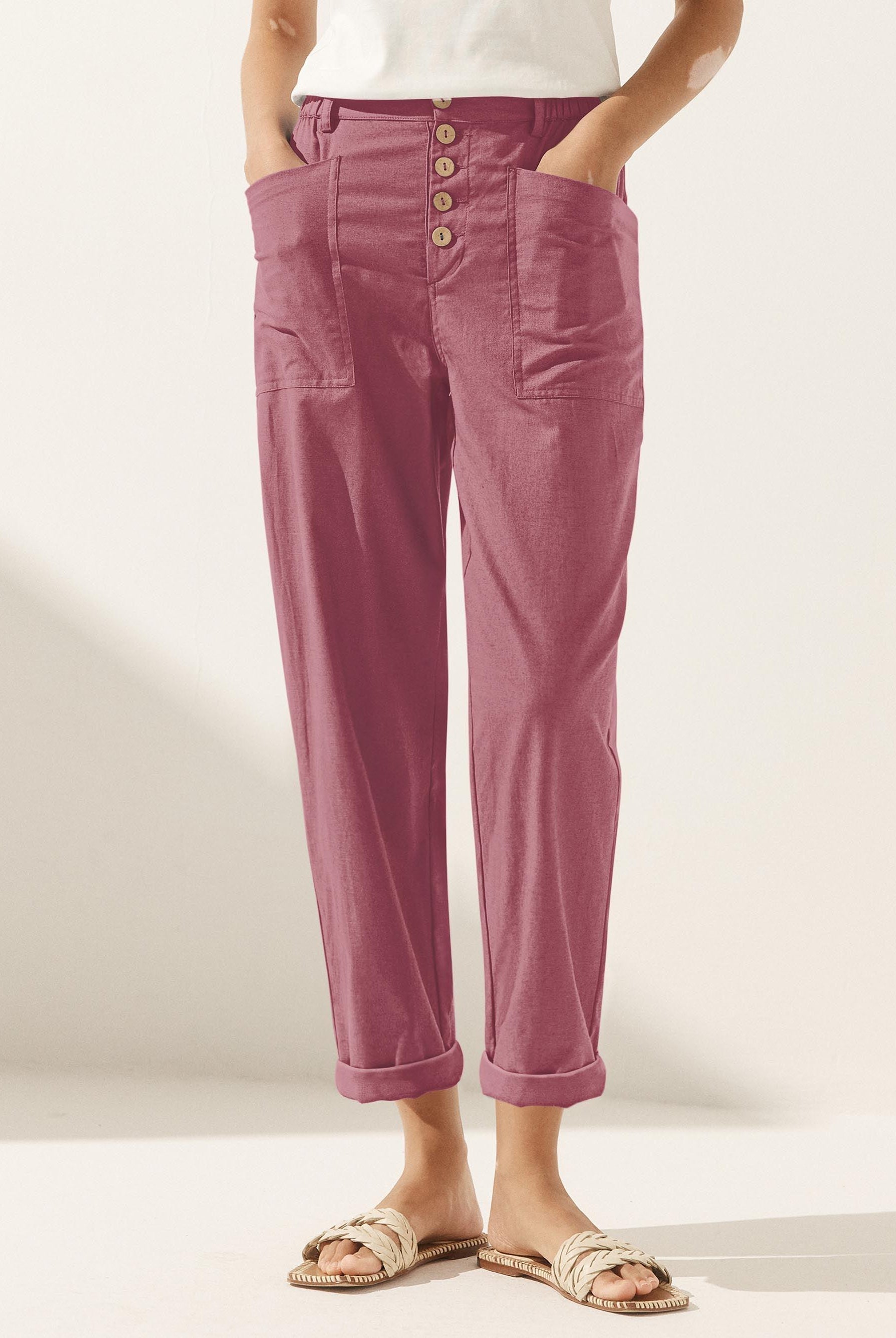 Linen Simple Button Fly Trousers HEIDI - BOTTOMS-Linen Pants