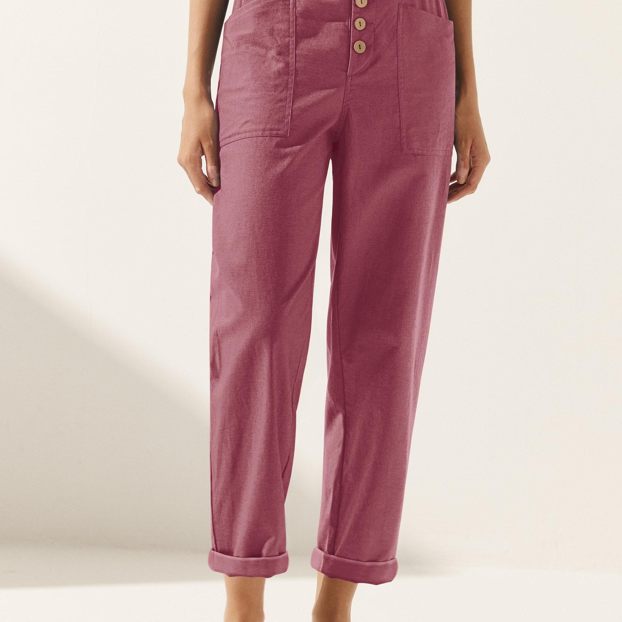 Linen Simple Button Fly Trousers HEIDI - Raspberry Pink / XS - BOTTOMS-Linen Pants