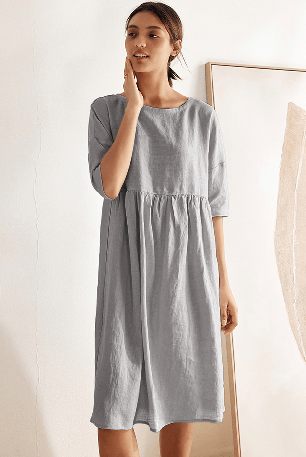100% Linen A-Line Midi Dress VALENCIA - DRESSES-Linen
