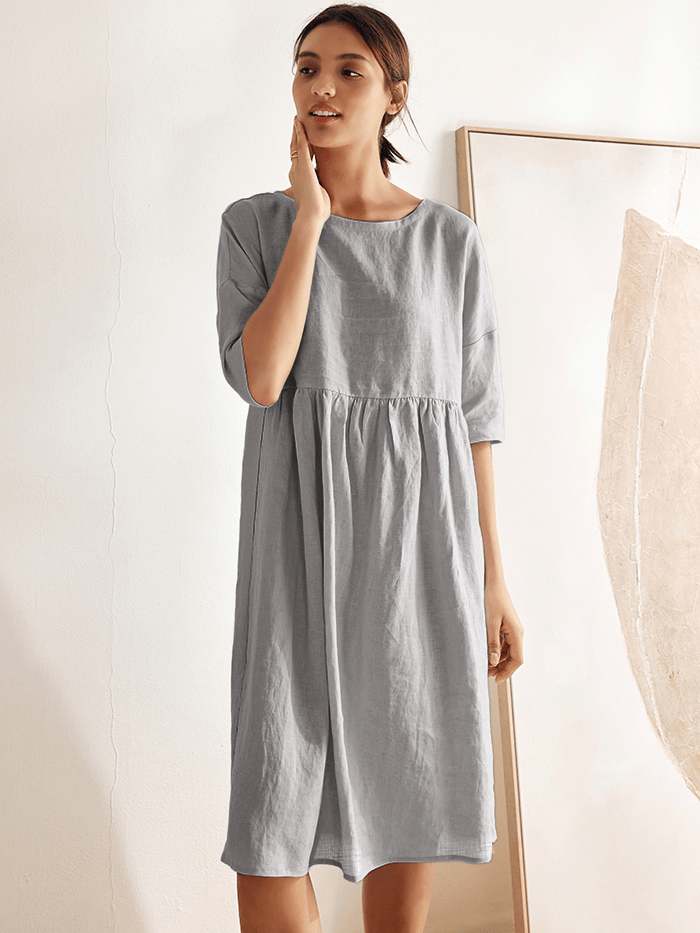 100% Linen A-Line Midi Dress VALENCIA - DRESSES-Linen