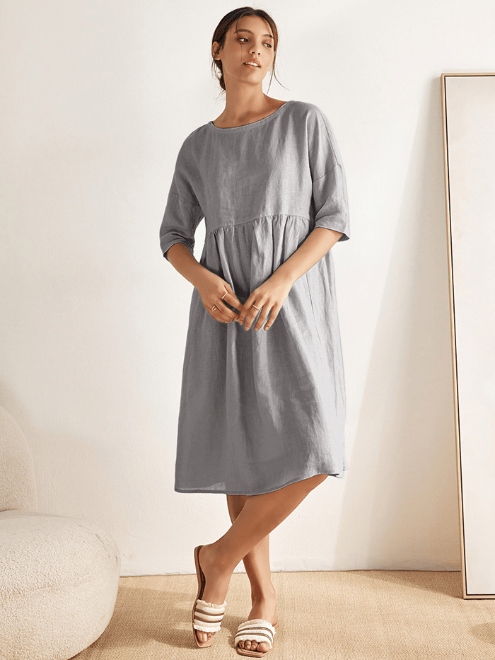 100% Linen A-Line Midi Dress VALENCIA - DRESSES-Linen