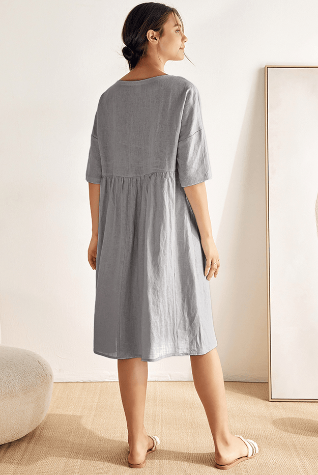 100% Linen A-Line Midi Dress VALENCIA - DRESSES-Linen