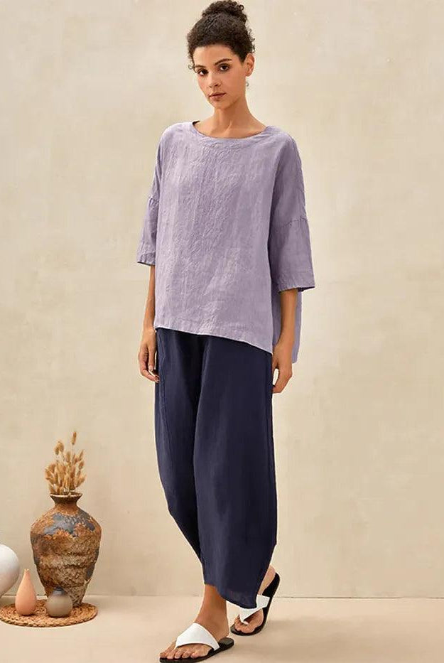 AURORA 100% Linen Boatneck 3/4 Length Sleeve Top - TOPS-Linen Blouses