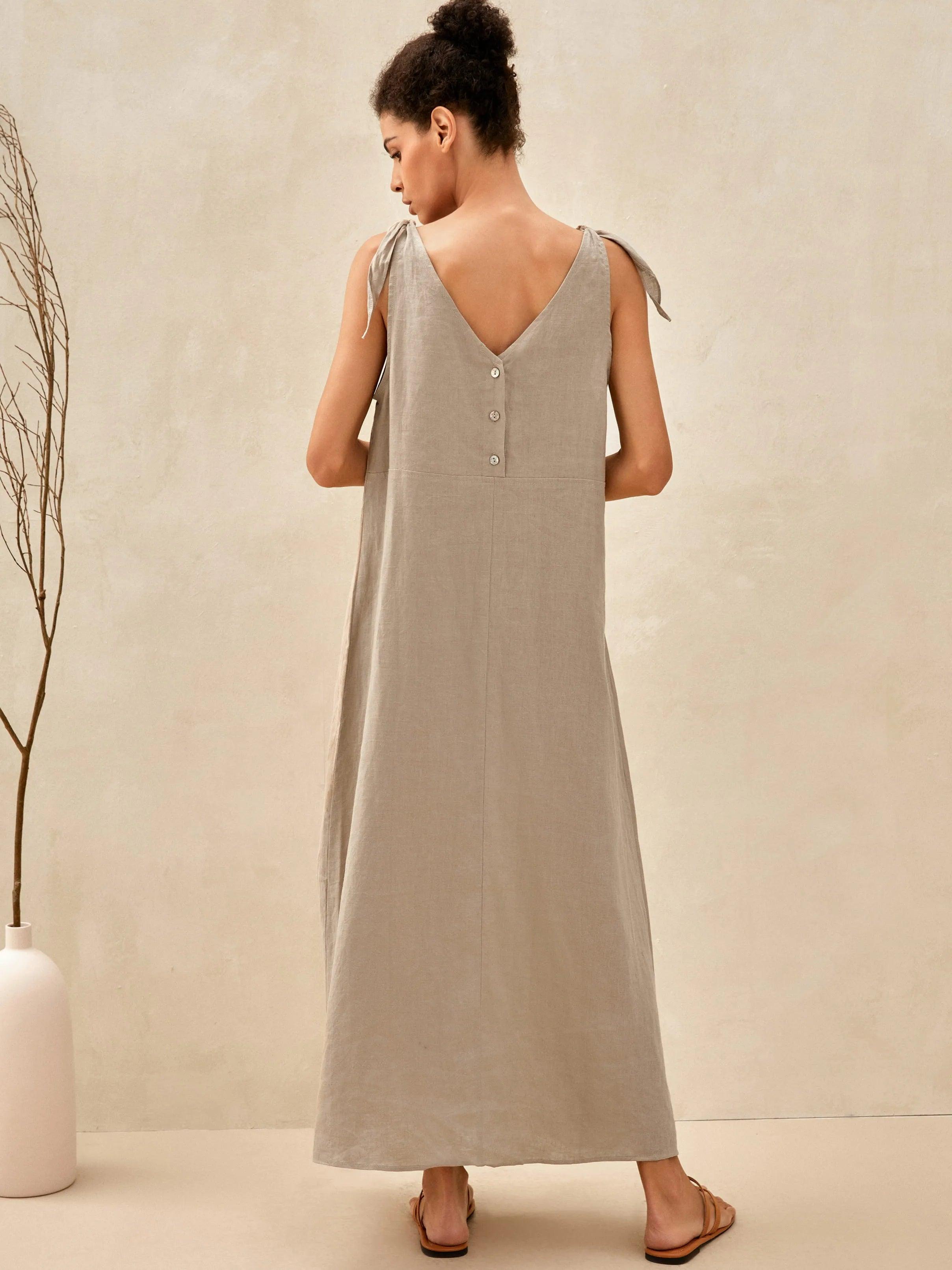 100% Linen Camisole Dress QEARL - Natural / S - DRESSES-Linen Maxi