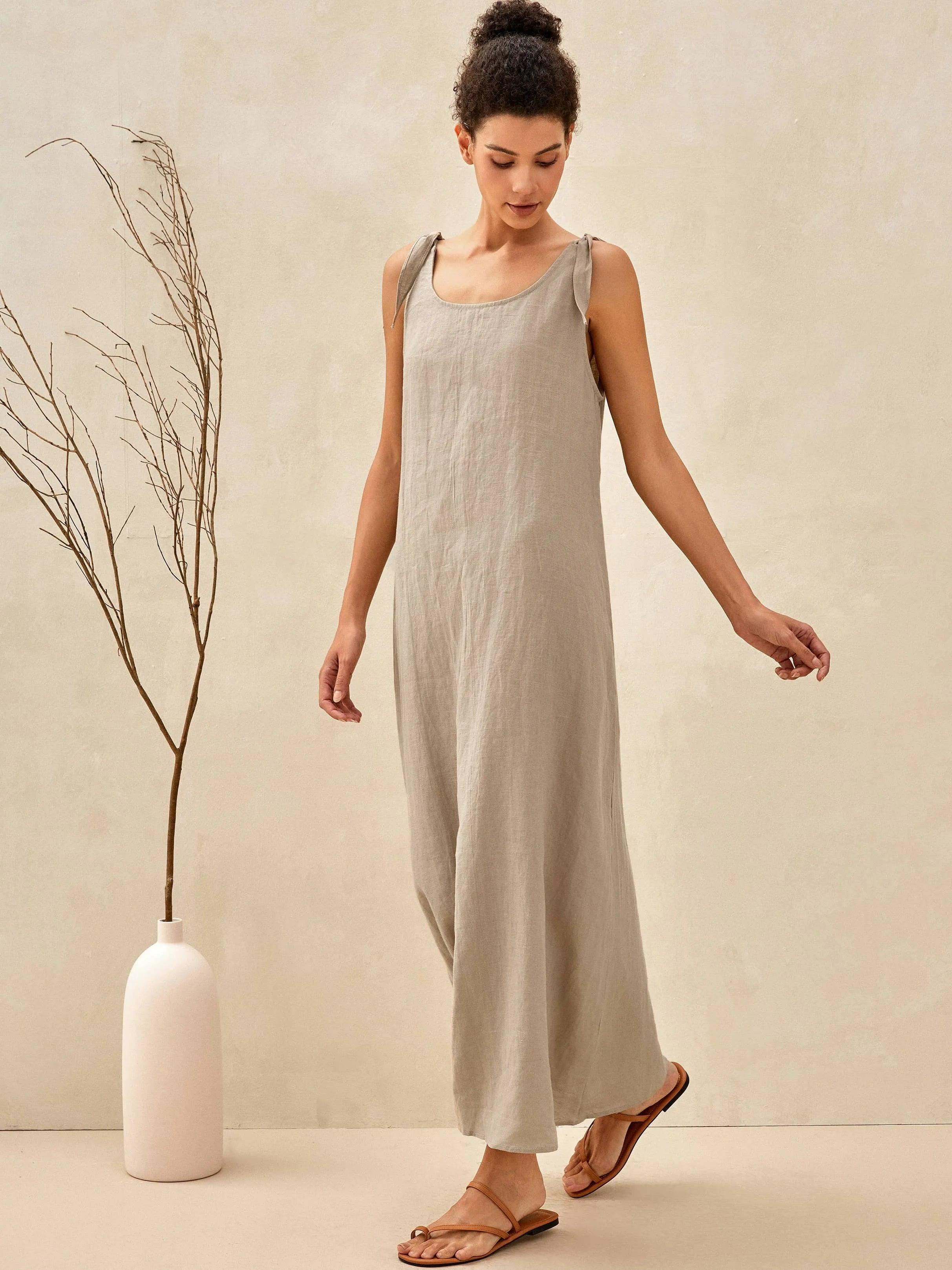 100% Linen Camisole Dress QEARL - DRESSES-Linen Maxi