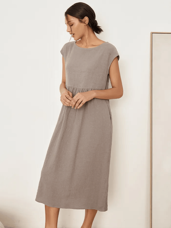 JOAN 100% Linen Cap Sleeve Washed Maxi Dress - DRESSES-Linen