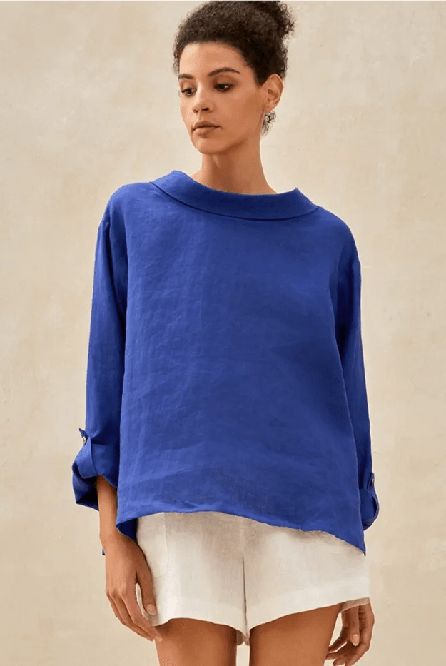 100% Linen Draped Neck Top HOLLIS - TOPS-Linen Blouses
