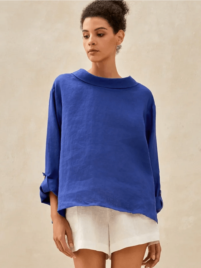 100% Linen Draped Neck Top HOLLIS - TOPS-Linen Blouses