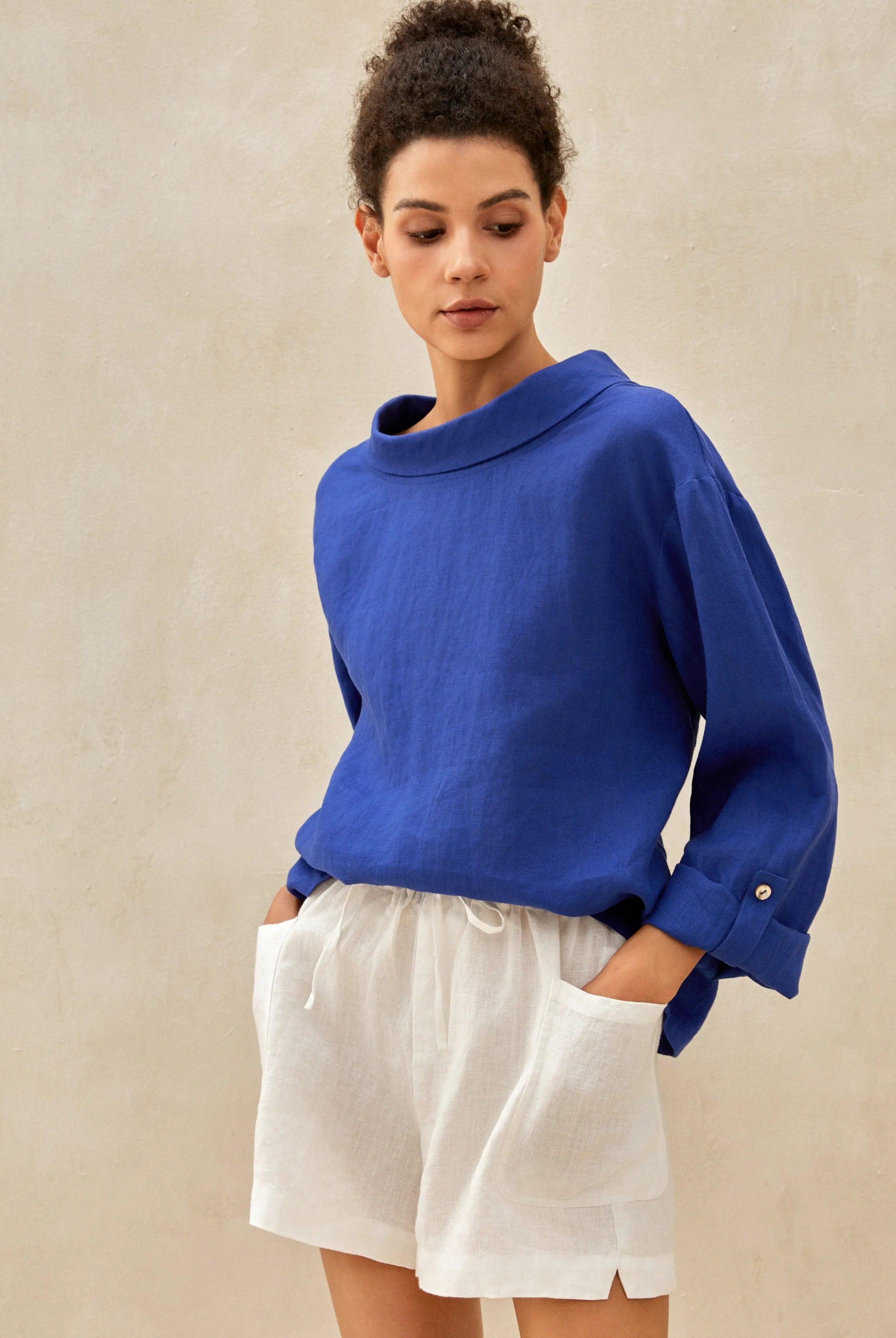 100% Linen Draped Neck Top HOLLIS - Royal Blue / S - TOPS-Linen Blouses