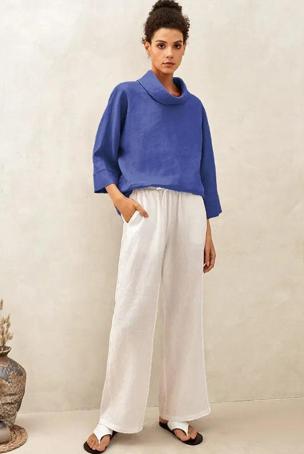 100% Linen Dropped Collar Long-Sleeve Top TRISTAN - Royal Blue / S - TOPS-Linen Blouses