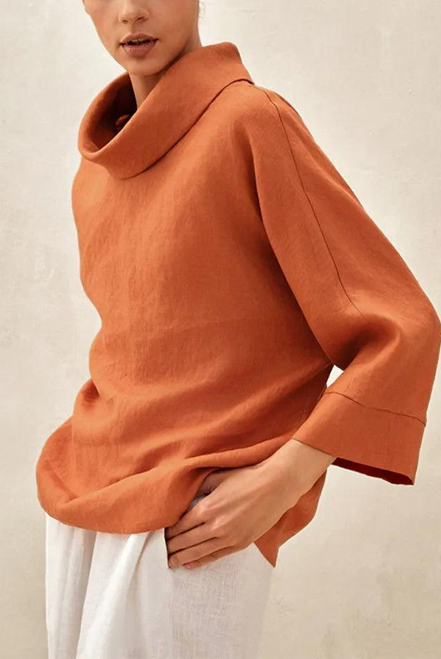 100% Linen Dropped Collar Long-Sleeve Top TRISTAN - TOPS-Linen Blouses