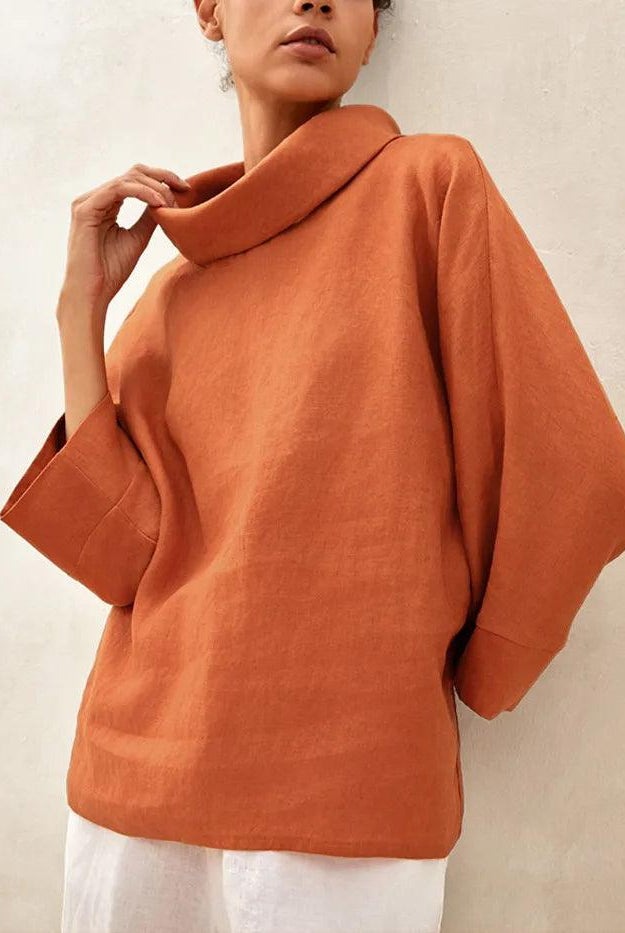 100% Linen Dropped Collar Long-Sleeve Top TRISTAN - TOPS-Linen Blouses