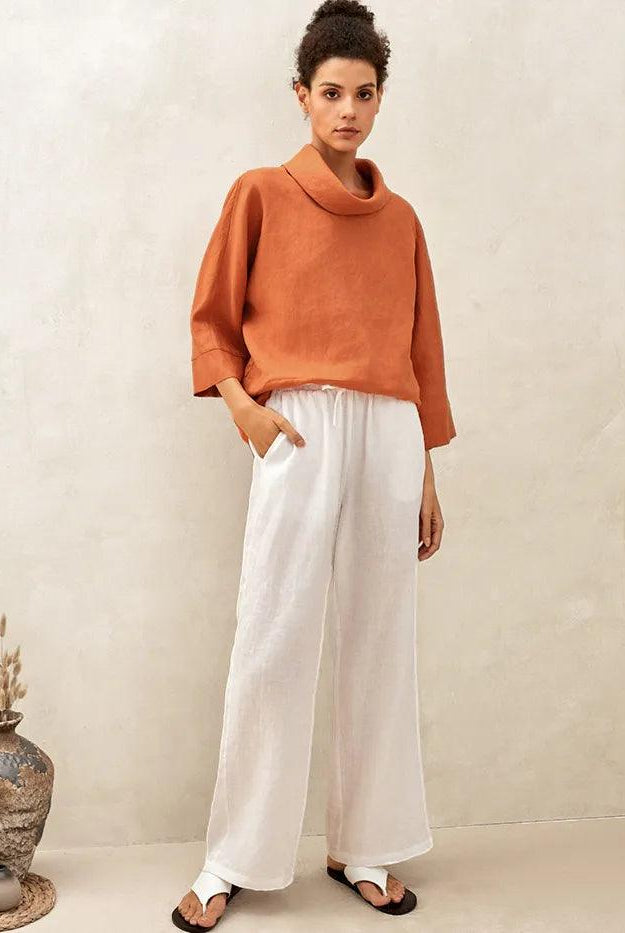 100% Linen Dropped Collar Long-Sleeve Top TRISTAN - TOPS-Linen Blouses