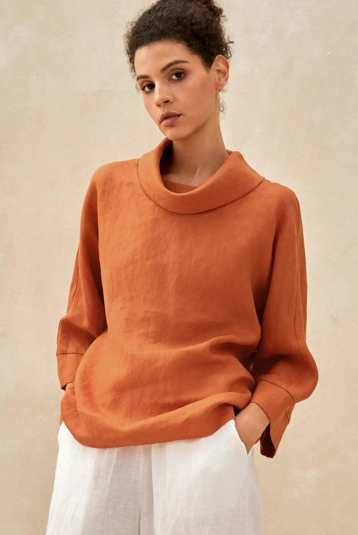 100% Linen Dropped Collar Long-Sleeve Top TRISTAN - Sun Orange / S - TOPS-Linen Blouses