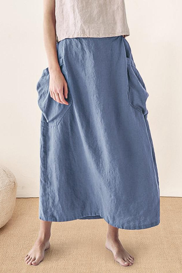 100% Linen Elastic Waist Skirt MARINA - Dusty Blue / S - BOTTOMS-Linen Skirts