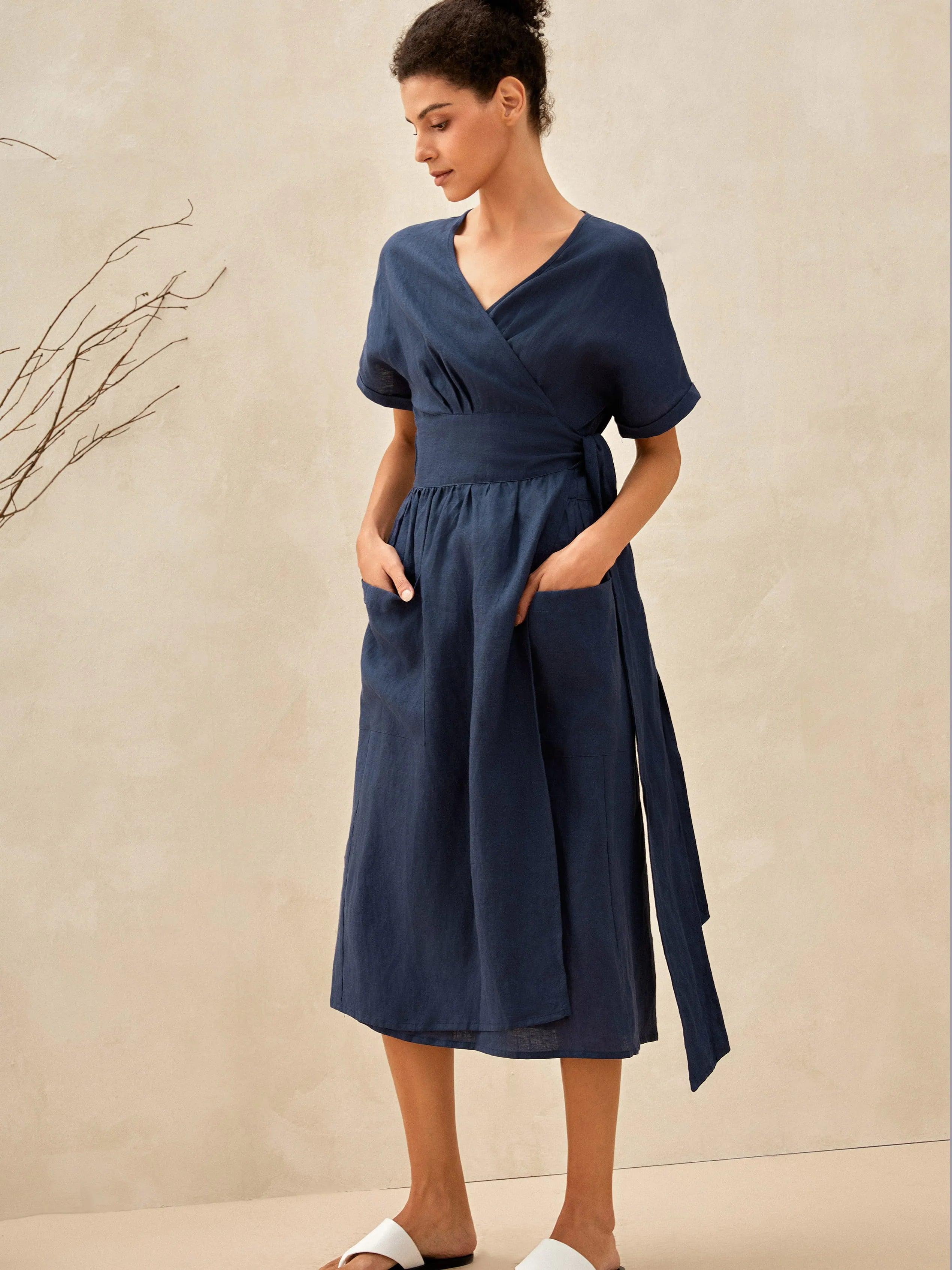 100% Linen Kimono Dress CELESTE - Navy Blue / S - DRESSES-Linen Midi
