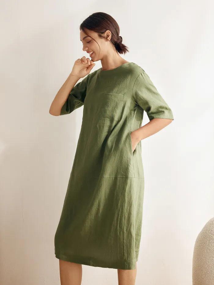 100% Linen Mid-Sleeve Maxi Dress GEORGINA - DRESSES-Linen