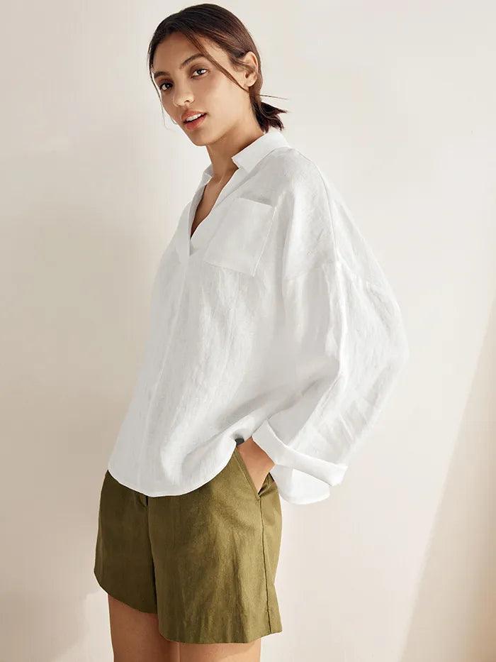 Linen Oversized Fit Pocket Shirt ELOWEN - TOPS-Linen Blouses