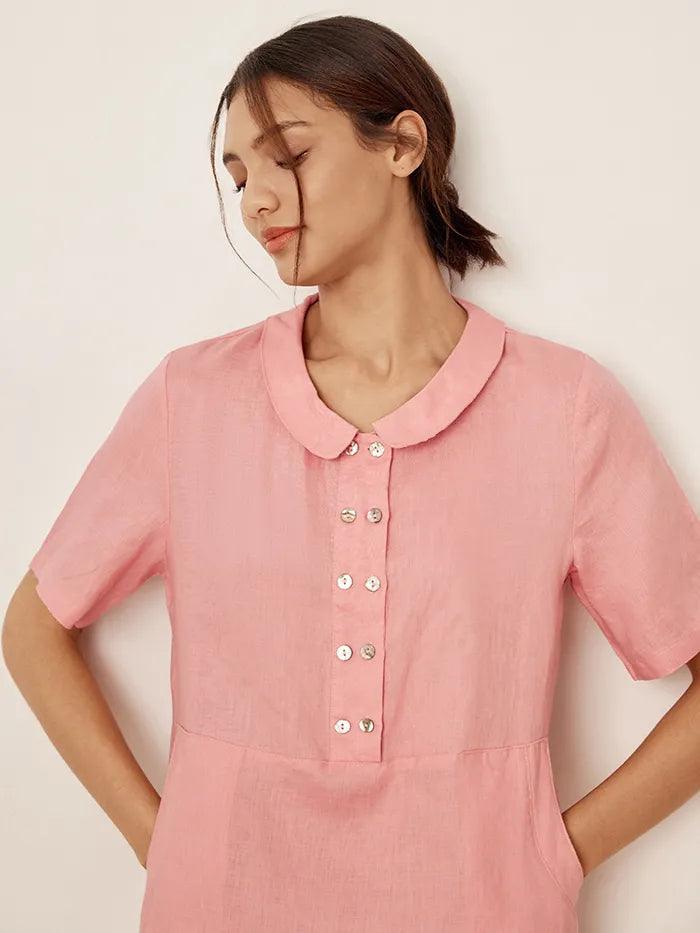 100% Linen Peter Pan Collar Dress KIKI - DRESSES-Linen Midi