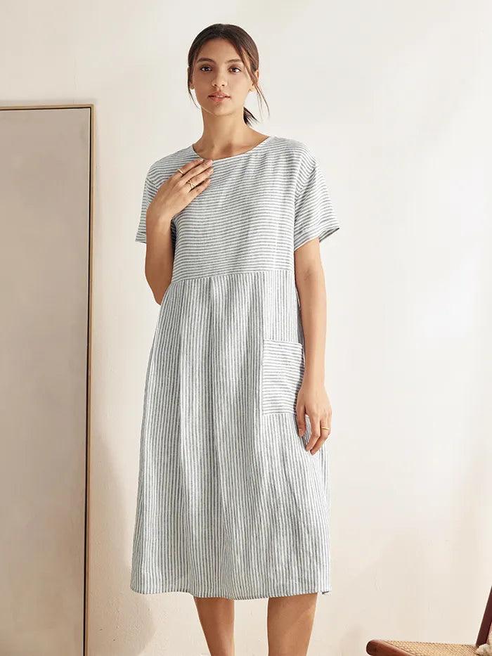 MORGAN 100% Linen Pinstripe Paneled Short-Sleeved Dress - Blue Stripe / S - DRESSES-Linen Midi