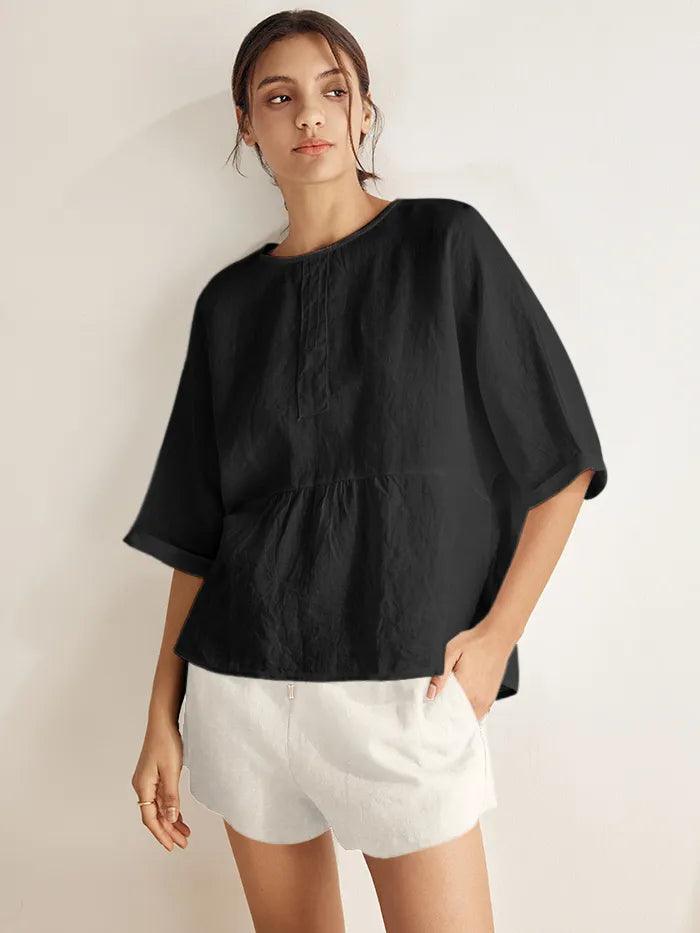 100% Linen Round Neck Mid-Sleeve Top ROBYN - TOPS-Linen Blouses