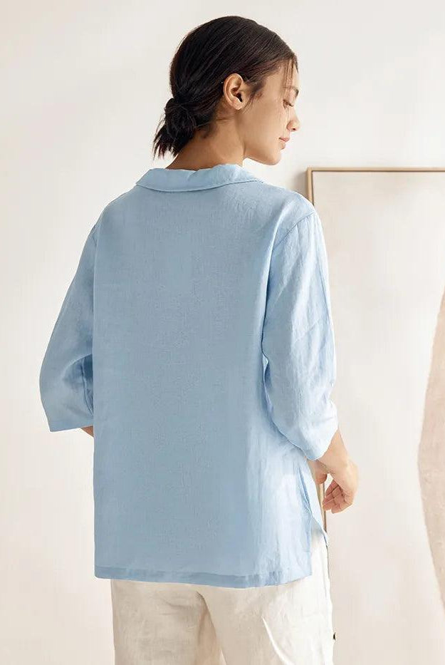 100% Linen Stripe Shawl V-Neck Half Sleeve Top - TOPS-Linen Blouses