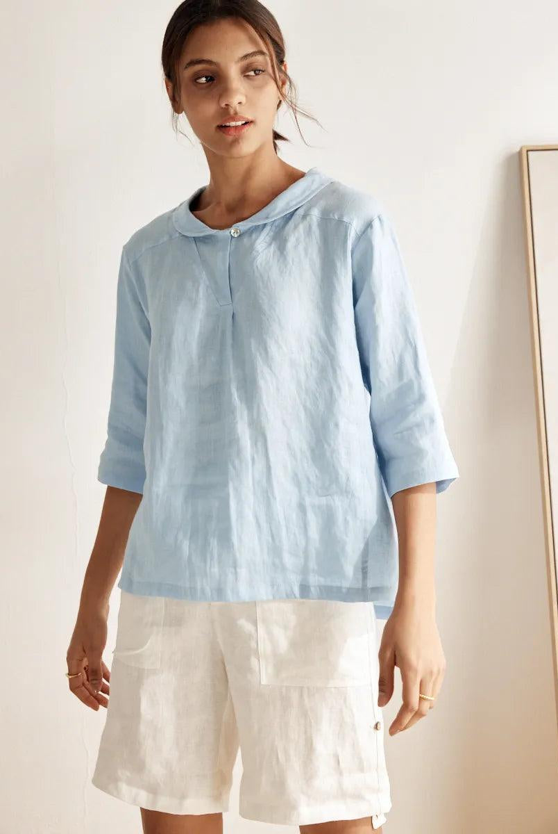 JADE 100% Linen Shawl V-Neck Half Sleeve Top - TOPS-Linen Blouses