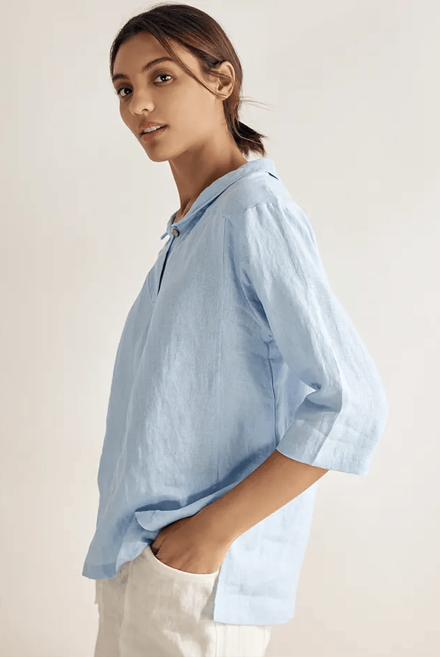 100% Linen Stripe Shawl V-Neck Half Sleeve Top - TOPS-Linen Blouses