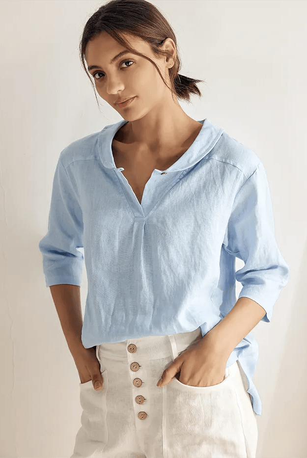 JADE 100% Linen Shawl V-Neck Half Sleeve Top - Baby Blue / XS - TOPS-Linen Blouses