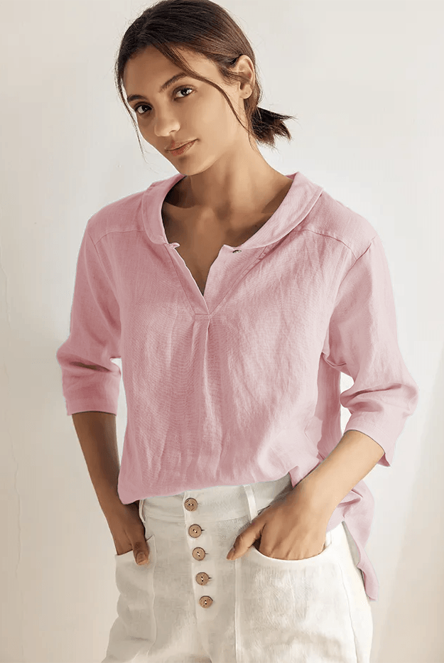 JADE 100% Linen Shawl V-Neck Half Sleeve Top - TOPS-Linen Blouses