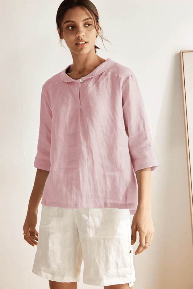 JADE 100% Linen Shawl V-Neck Half Sleeve Top - Pastel Pink / XS - TOPS-Linen Blouses