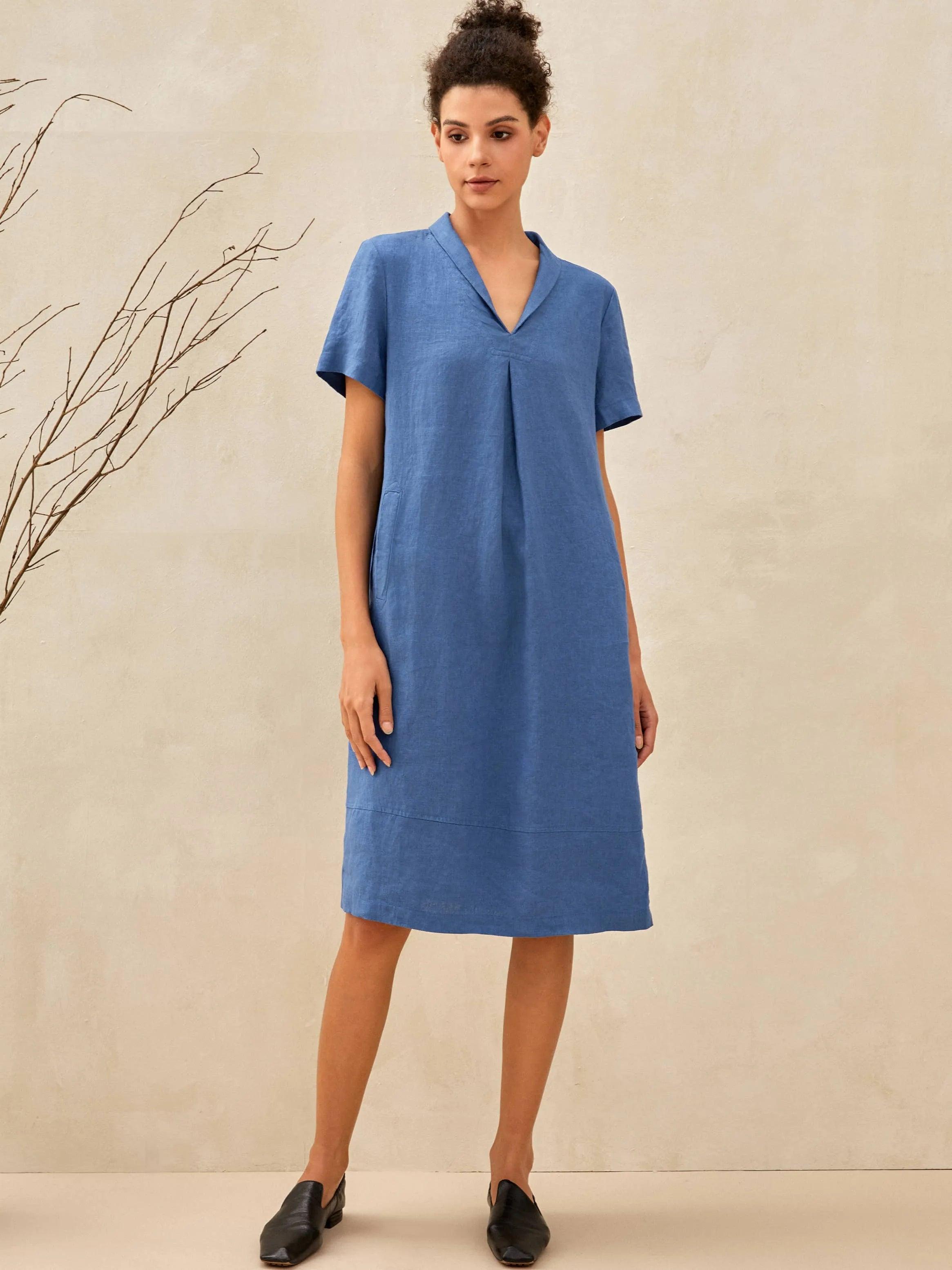 100% Linen Shawl V-Neck Midi Dress CLEO - DRESSES-Linen Mini