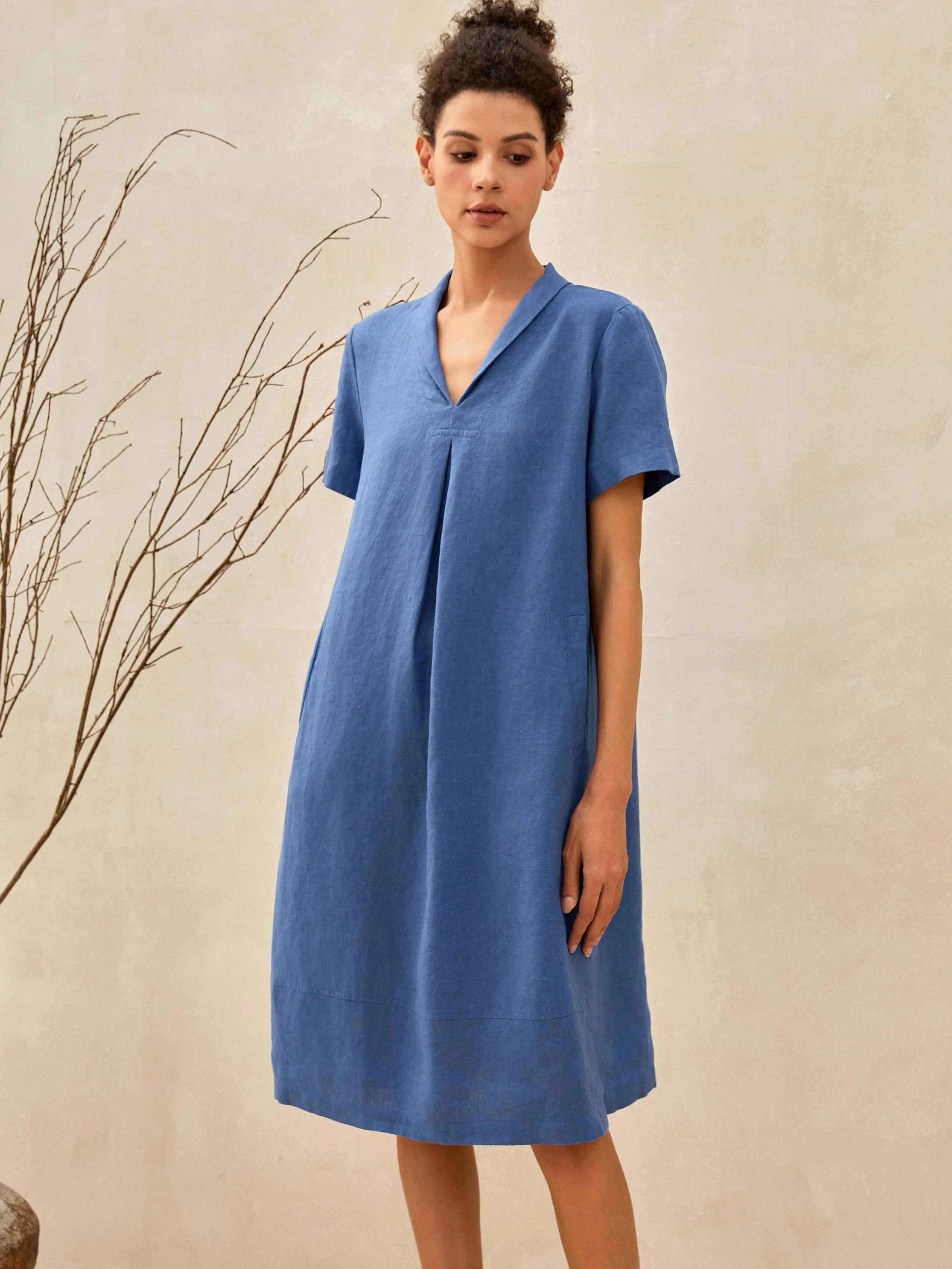 100% Linen Shawl V-Neck Midi Dress CLEO - DRESSES-Linen Mini