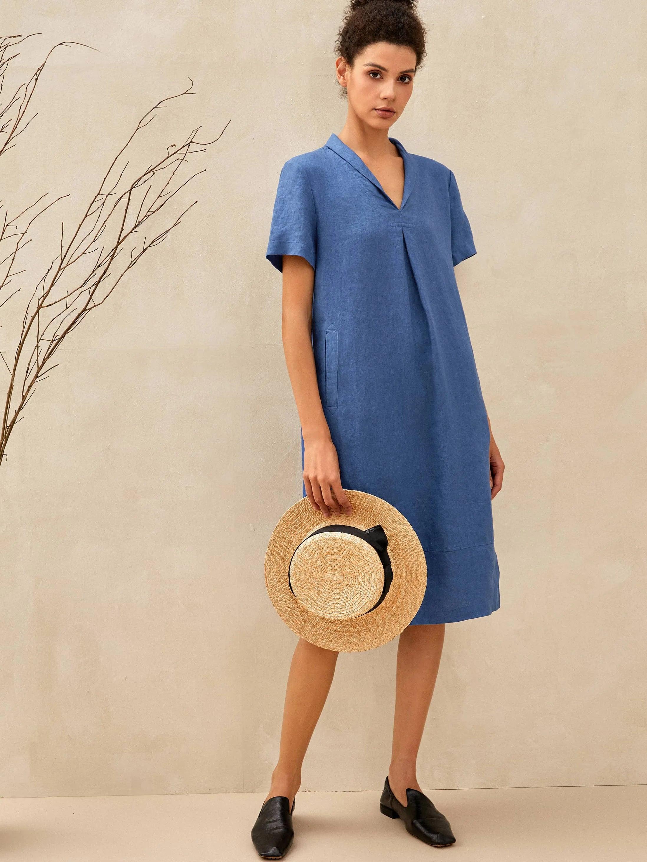 100% Linen Shawl V-Neck Midi Dress CLEO - Royal Blue / S - DRESSES-Linen Mini