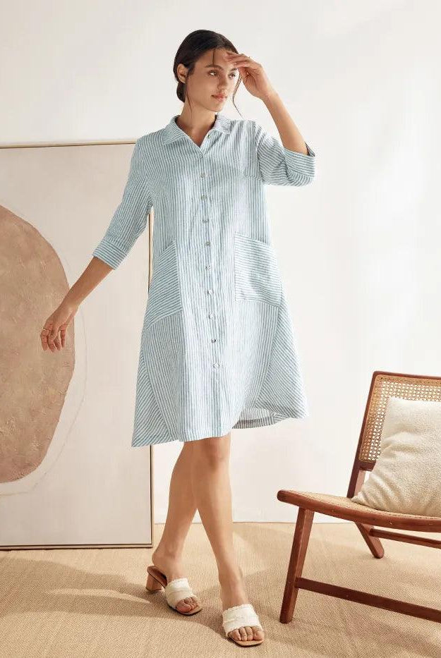 MADISON 100% Linen Striped Shirt Dress - DRESSES-Linen Midi