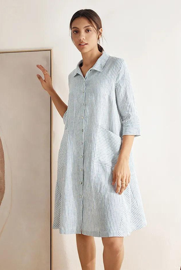 MADISON 100% Linen Striped Shirt Dress - DRESSES-Linen Midi