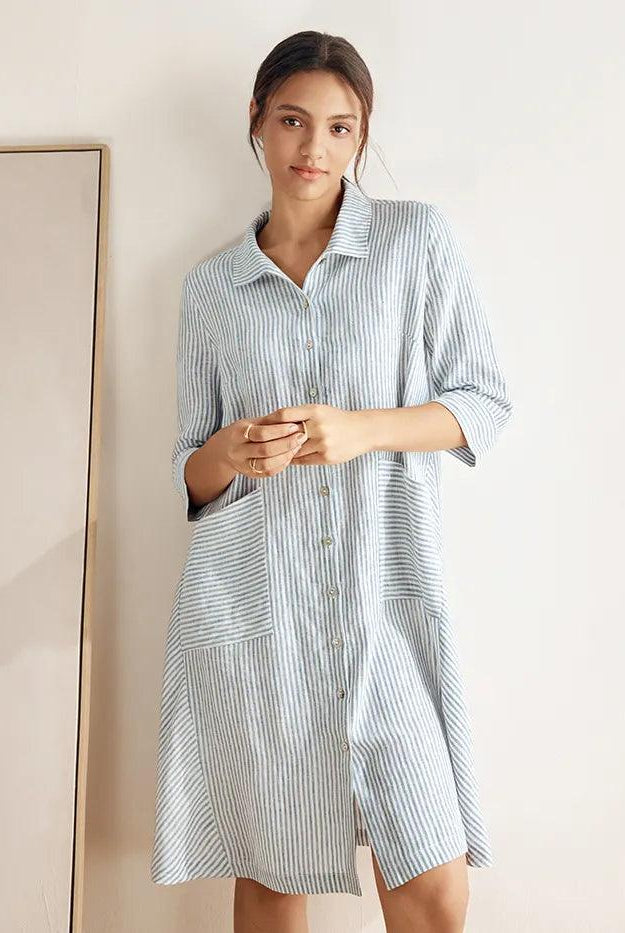 MADISON 100% Linen Striped Shirt Dress - DRESSES-Linen Midi