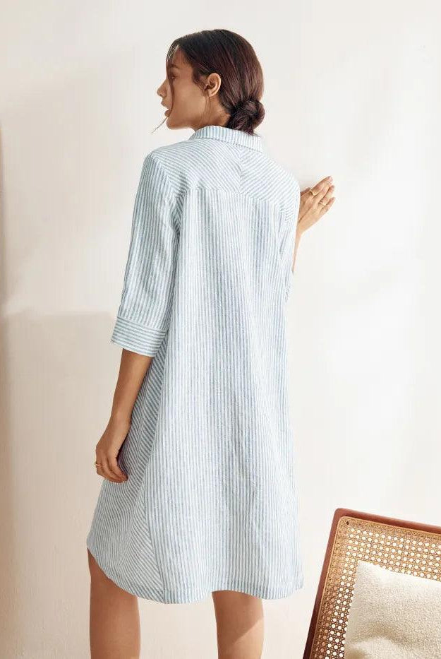 MADISON 100% Linen Striped Shirt Dress - DRESSES-Linen Midi
