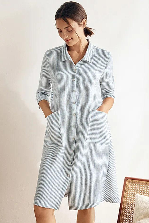 MADISON 100% Linen Striped Shirt Dress - DRESSES-Linen Midi
